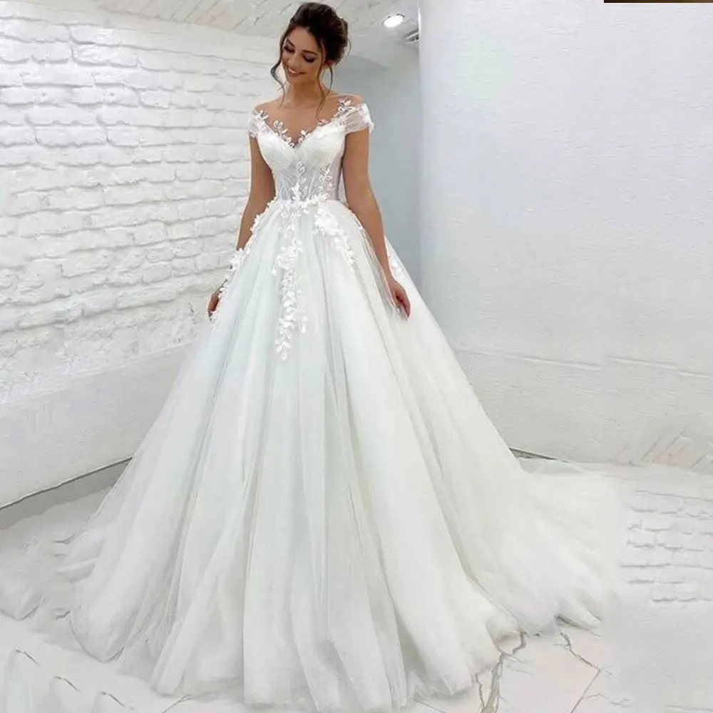 Long  Tulle Princess Wedding Dresses Women Sheer Neck Train Robe De Mariage Sleeves Lace Applique Bridal Dress With Back Buttons