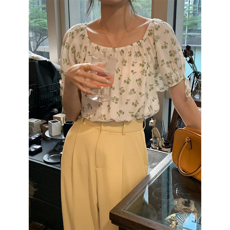 

Square Collar Floral Short-sleeved Shirt Women 2021 Summer Korean Loose Sweet and Gentle Temperament Top