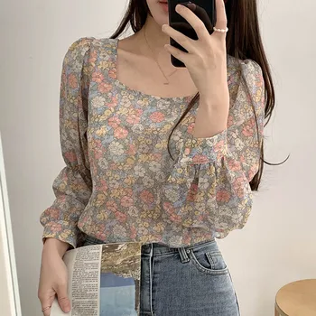 Fashion Small Floral Print Women Blouses Puff Sleeve O Neck Ladies Tops Shirts Long Sleeve Sweet Harajuku Shirt Женский Пуловер 1