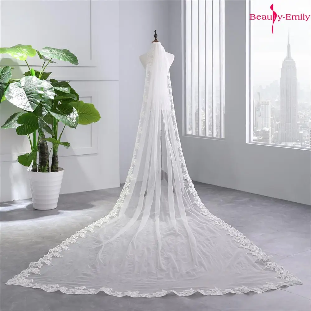 Beauty-Emily 3 метра длинная белая кружевная кромка аппликация свадебная фата 2019