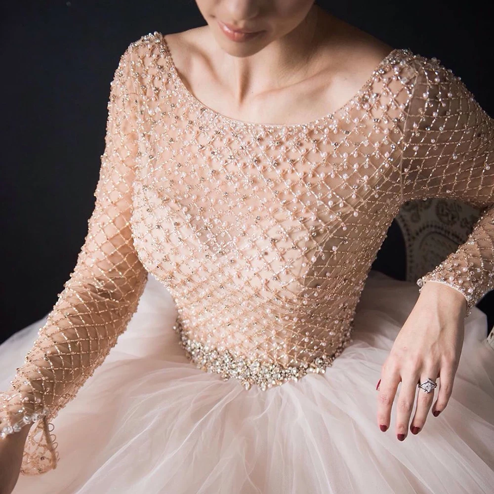 Vkbridal Luxury Dubai Crystal Wedding Dresses with Long Sleeves Hand Beading Ball Gown Tulle Bridal Gowns Illusion Neck 2020 New