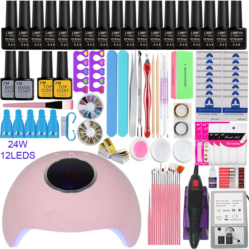 24w choose 18 color 18/12 Цветной Гель-лак для ногтей Набор для наращивания лака с 36 Вт/54 Вт/84 Вт Светодиодная УФ лампа для ногтей Набор для маникюра Набор акриловых ногтей художественные инструменты - Цвет: 24w choose 18 color
