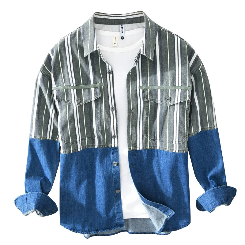 

2021 Spring New Men's Stitching Denim Long-Sleeved Shirt Youth Striped Color Matching Shirt