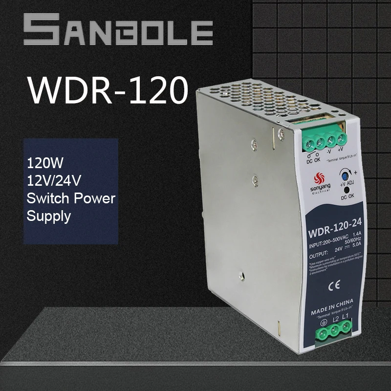 Montagem em Trilho Fonte de Alimentação Instalação 380v Única Entrada Guia Interruptor ac – dc Wdr-120w 12v 24v Din