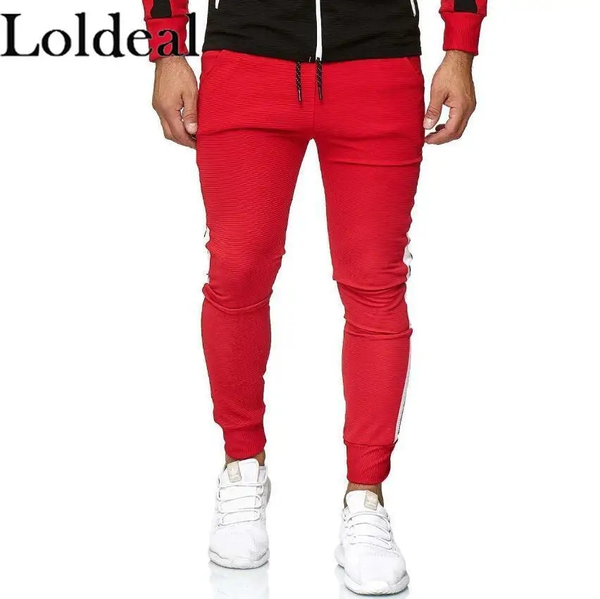 

Loldeal Men Fitness Pants Striped Stitching Cone Jogger Slim
