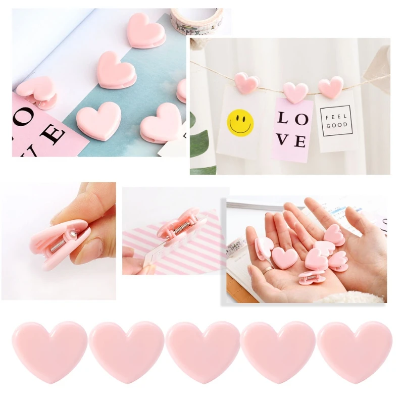 

5Pcs Heart Shape Pink File Binder Clip Notes Letter Paper School Office Supplies