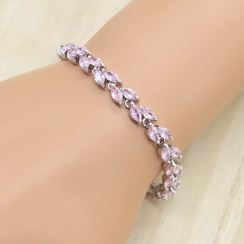 Браслет гвоздик с розовым цирконом серебристого цвета|Ювелирные наборы для