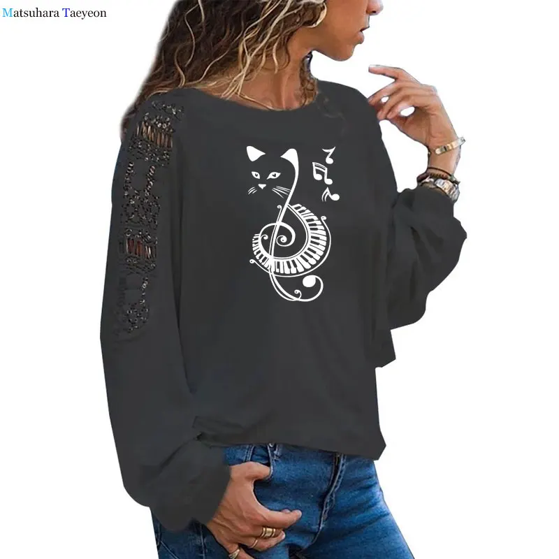 

Black Cat Printed Music Funny T Shirt Long Sleeve women cotton t-shirts O-Neck plus size Gifts for girls Loose tops shirts