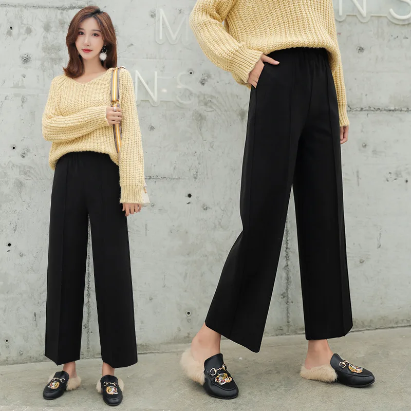 Плотные осенне-зимние брюки женские шерстяные широкие черные серые свободные до