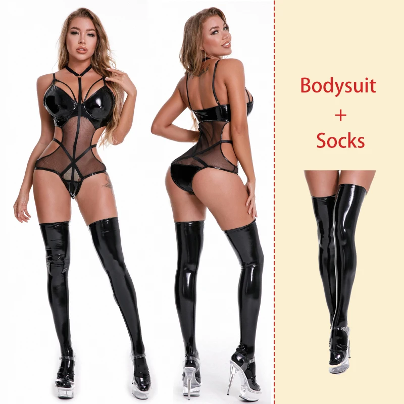 

AIIOU Sexy Faux Pu Leather Lingerie Transparent Lace Bodysuit Sex Night Erotic Apparel Mistress Fetish Bondage Teddies Costume