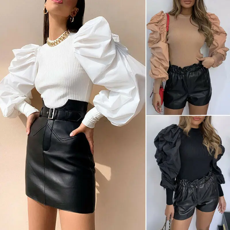 Женская блузка с пышными рукавами в стиле ретро Классическая однотонная рубашка