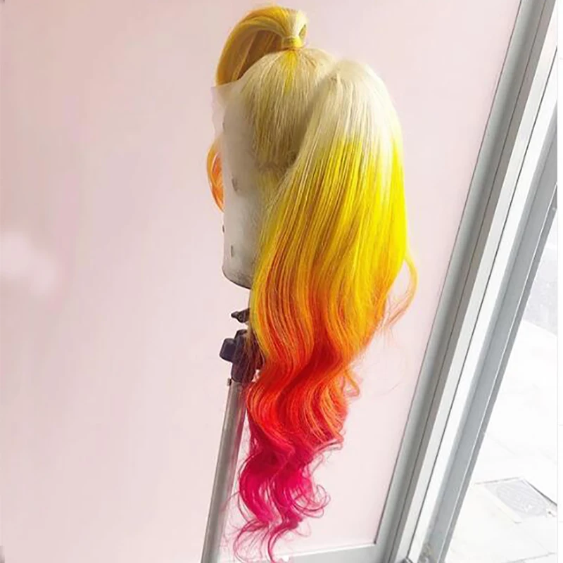 Парик на сетке Красный с желтыми человеческими волосами волнистые 613 цветов