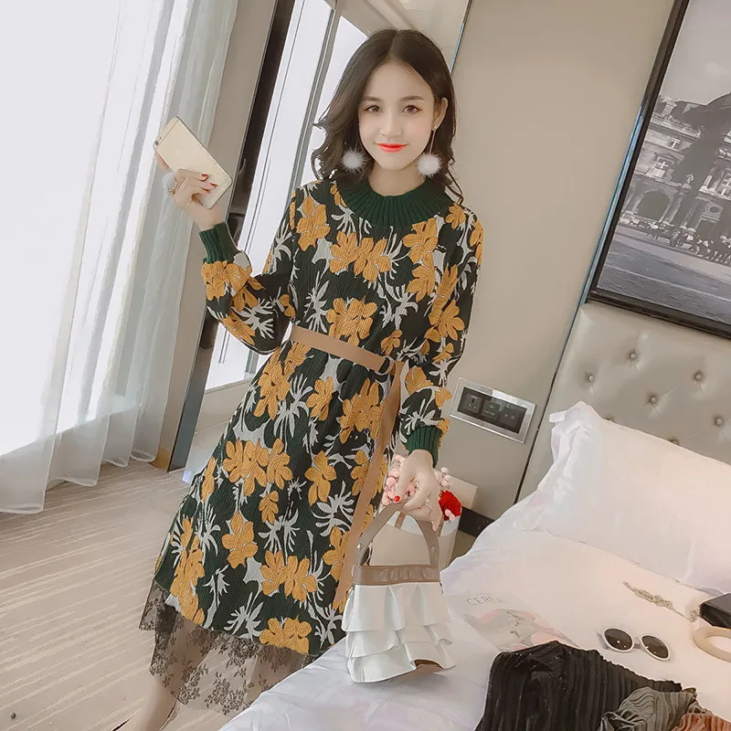2020 Elegant Floral Dress Women Sashes Long Sleeve Autumn Winter Knit Patchwork Casual Slim Chiffon Lace Dresses WXF615 | Женская одежда