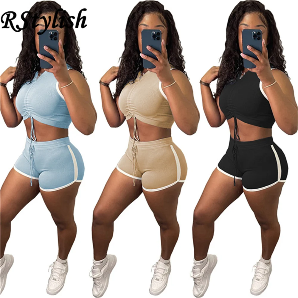 

RStylish Women Summer 2021 Solid Ribbed Two Piece Set Tracksuit Drawstring Vest Sleeveless Sexy Crop Top Shorts Suit Streetwear