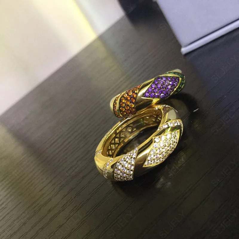Baoyocn Luxury 925 Sterling Silver Yellow Gold Color Multicolor Large Tribal Finger Ring Paved Geometric Shapes Stones for Women | Украшения