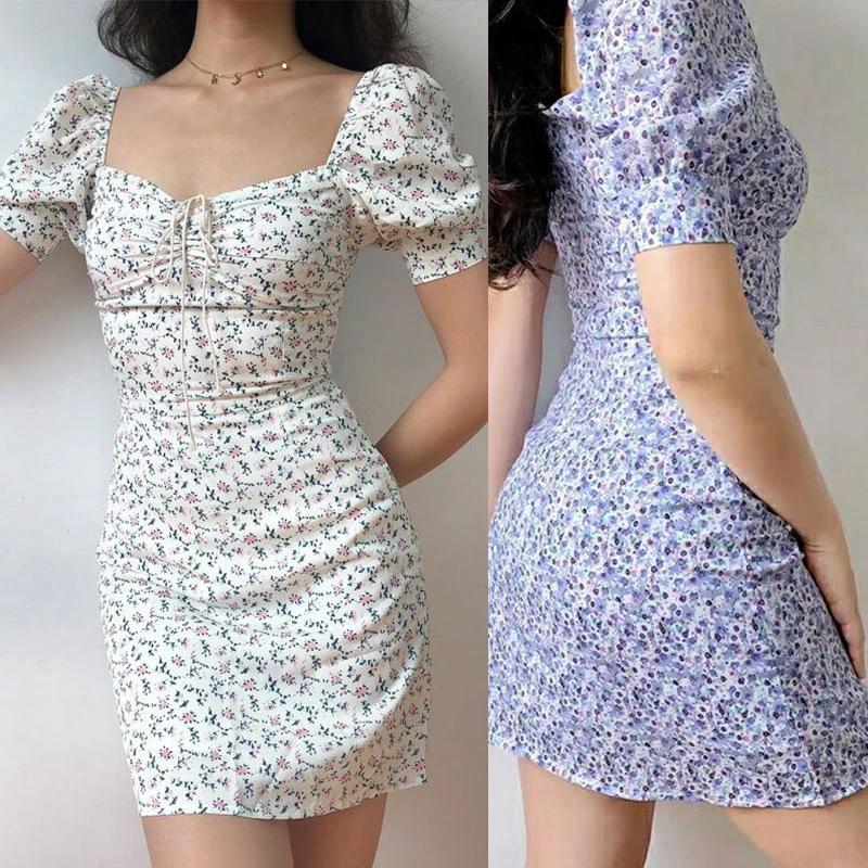 

Summer Boho Tie Neck Floral Print Mini Women Short Sleeve Bodycon Dress Sundress Sexy White Casual Elegant Party Dresses Autumn