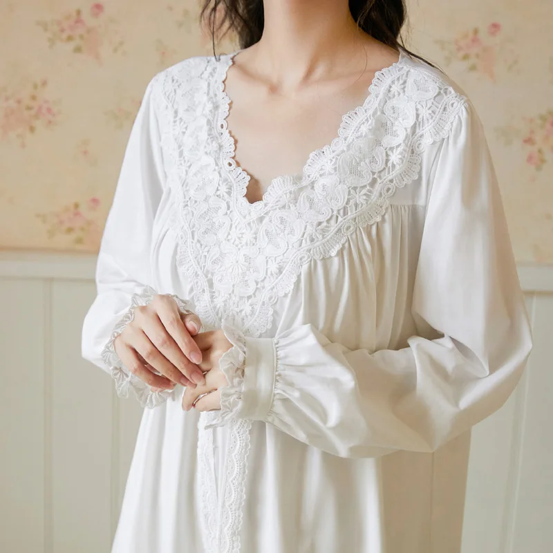 Women Spring Autumn 100% Cotton Full Sleeves Nightdress Sexy V-Neck Long Style Nightie Loose Design Princess Nightgown Sleepwear