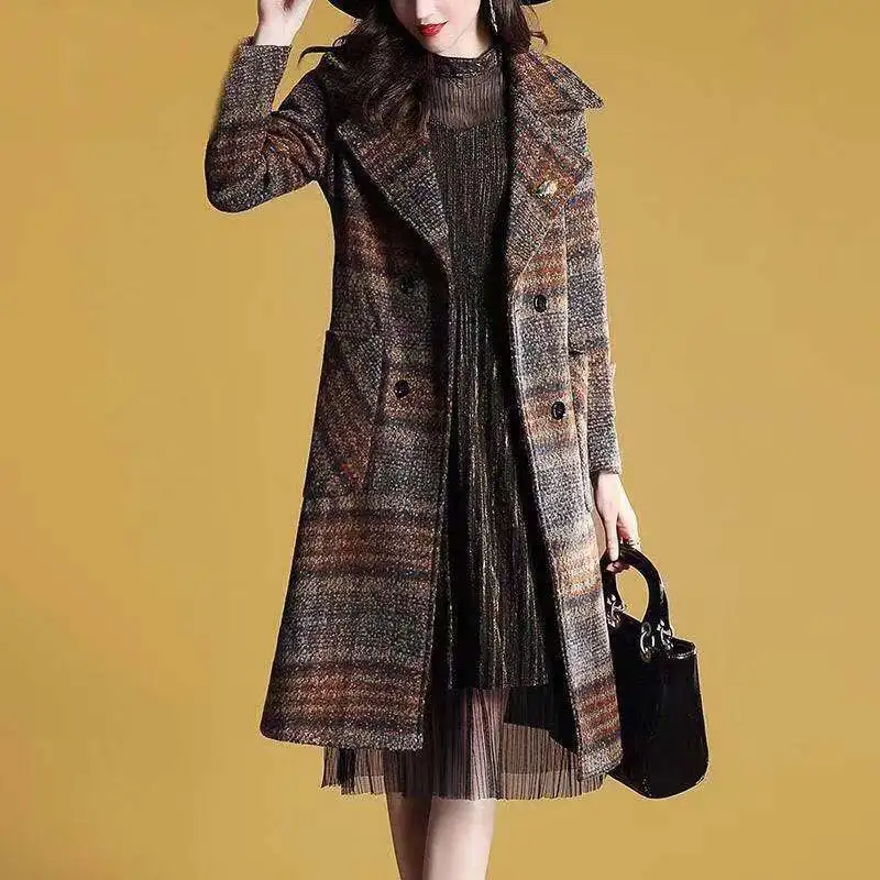 

2021 Autumn Winter Women Warm Coat Elegant Plaid Outwear Female Big Pocket Loose Mid-long Coat