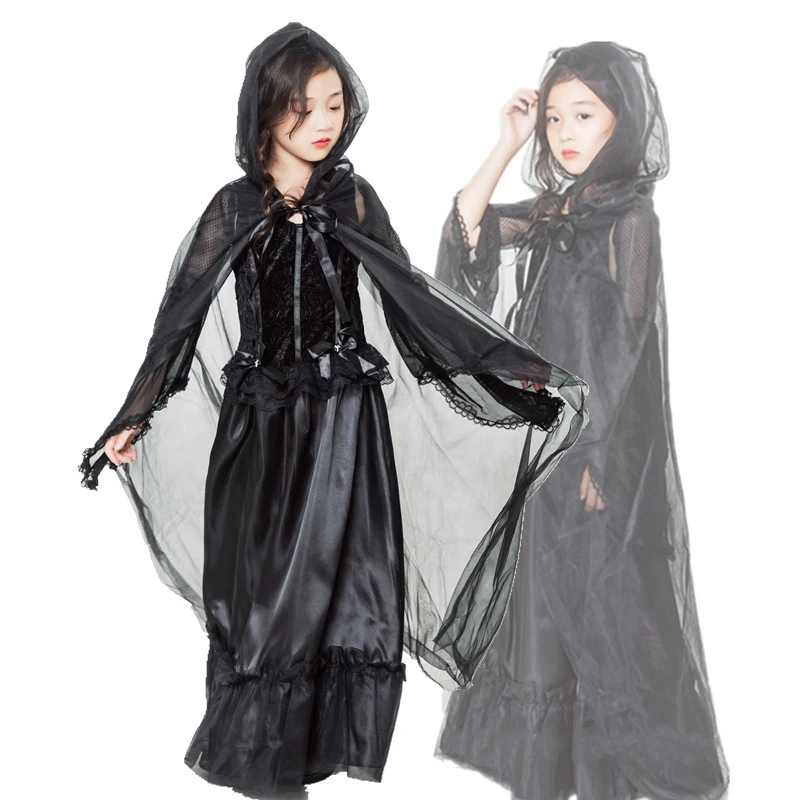 

Костюм вампира для девочек, для Хэллоуина, Костюм черной ведьмы, для вечевечерние, готическое платье невесты, плащ, сценический карнавал