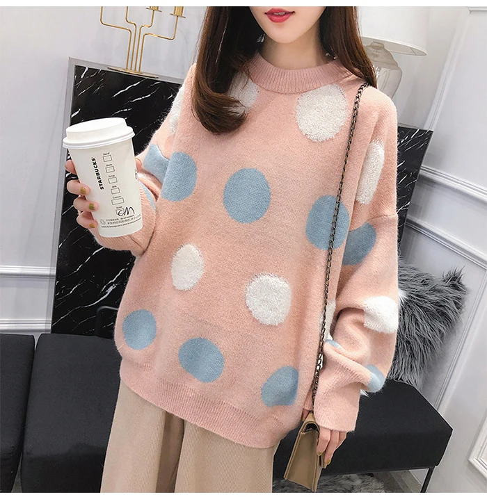 Женский милый sweater в горошек TIGENA, теплый вязаный свободный пуловер с длинным рукавом, джемпер для женщин на зиму