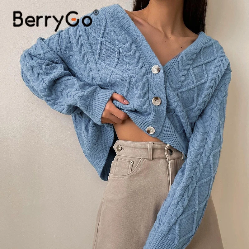 

BerryGo Za school button v-neck short cardigan girl Casual long sleeve knit sweater cardigan autumn Fashion elegant women tops