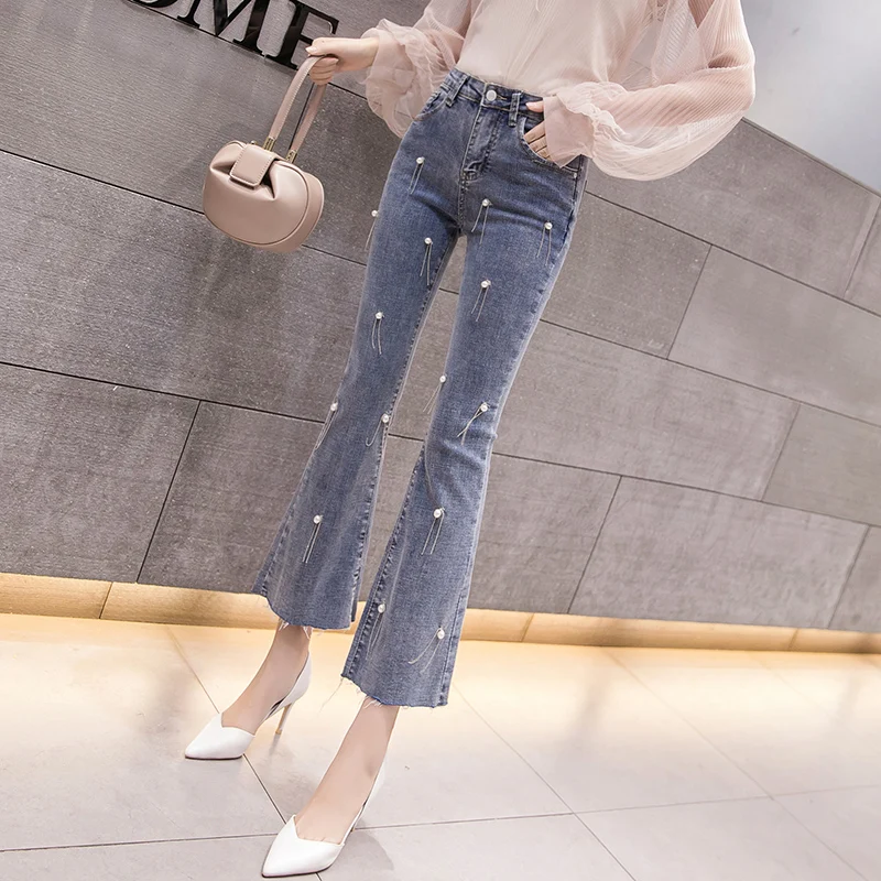 Mozuleva/синие женские джинсы с высокой талией украшенные жемчужинами и кисточками