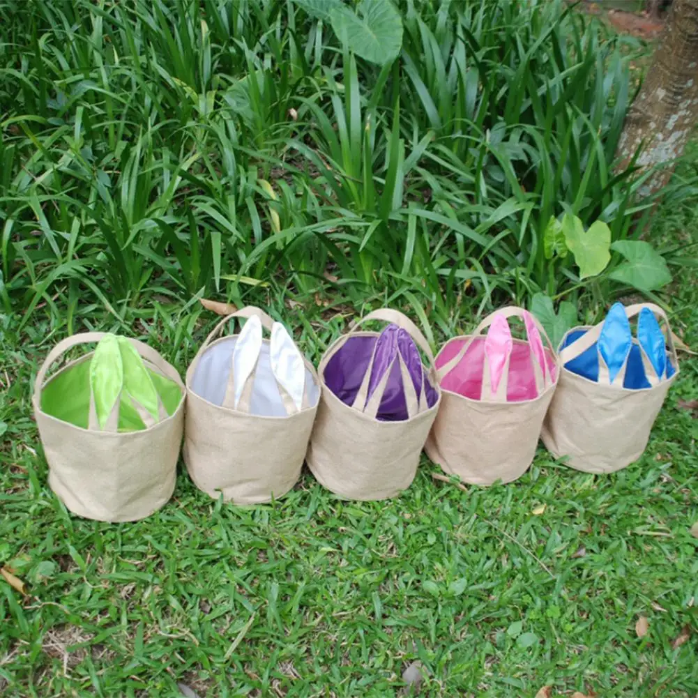 Пасхальная корзина для пасхальных яиц с джутовым полотном и кроличьими ушками |