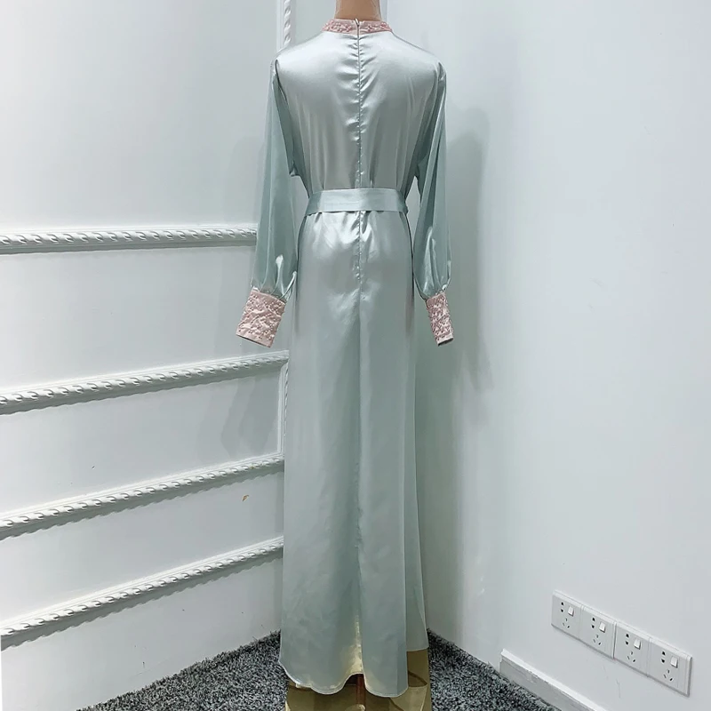 

Beading Vintage Silk-like Maxi Dress Women Long Sleeve Mock Neck A Line Self Belted Long Maxi Dress Abaya Dubai Turkey Modesty