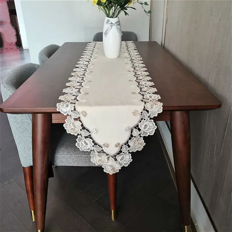 

French Solid Velvet Fabric Embroidered Sharp Corner Table Runner Mat Cover Cloth Banquet Party Christmas Wedding Decoration