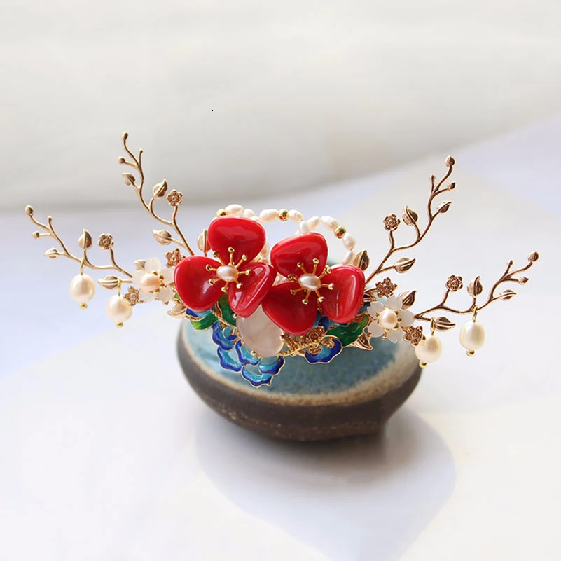 Шпилька для волос с красными цветами и пресноводным жемчугом|Украшения волос| |