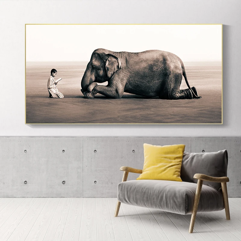 Мальчик читает перед плакат с дизайном слон холст картины черно белые настенные