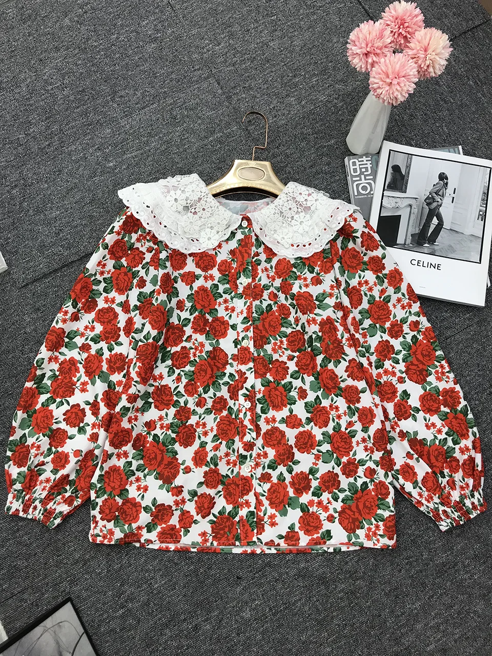 

MSXU Elegant Vintage Retro Cute Flower Print Sweet Lace Peter Pan Collar Loose Casual Women Blouse Shirt Tops