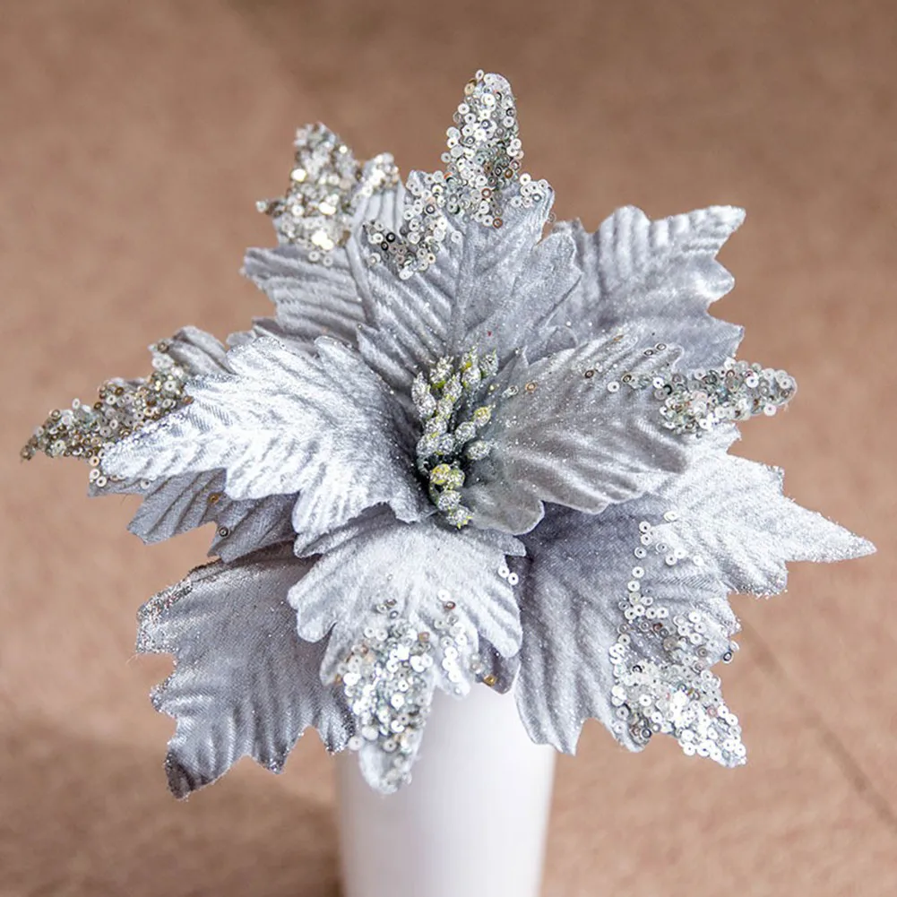 

1pcs Glitter Artifical Christmas Flowers Christmas Tree Decorations For Home Fake Flowers Wedding Xmas Ornaments New Year Decor