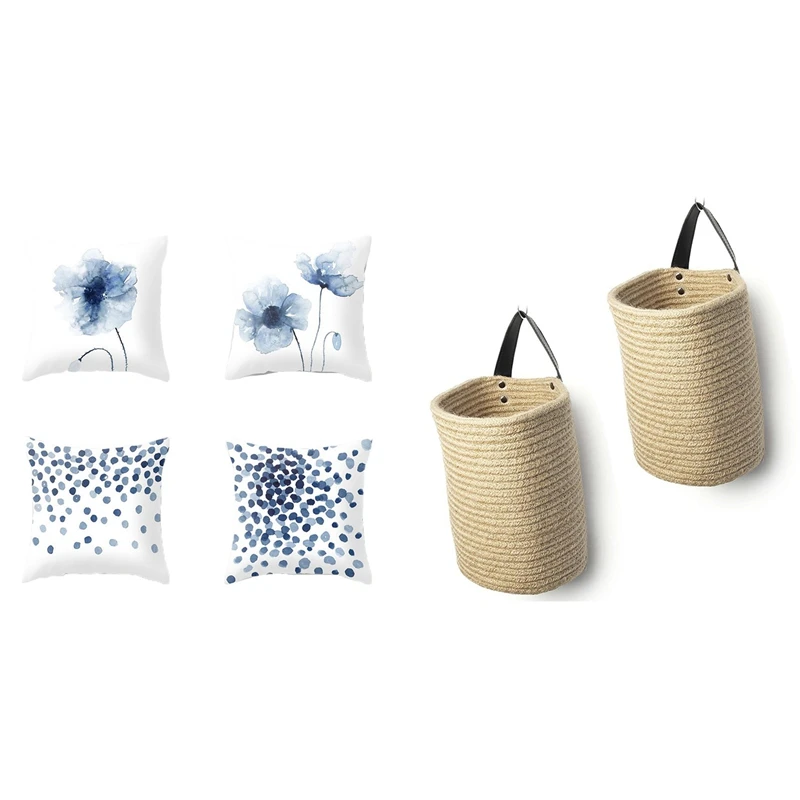 

Джутовая веревка тканые корзины для хранения подвесная настенная корзина с 4 шт. скандинавских чернил синий цветок абстрактный лаконичный ...