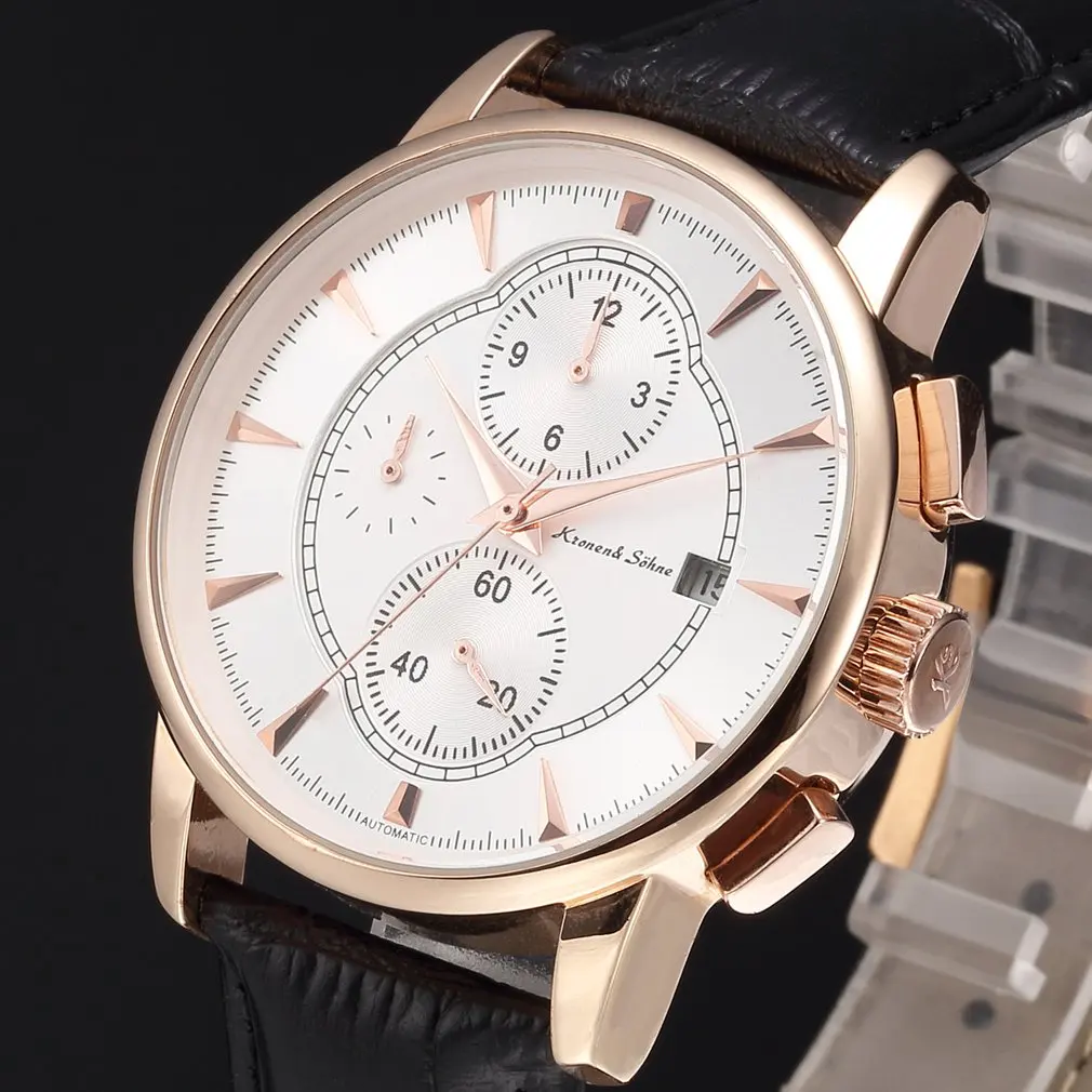 Rose Gold KS283 KS автоматические часы серебристый, белый, черный кожаный ремешок Дата месяц Механические мужские деловые брендовые Heren Horloge наручные часы/KS285 - Цвет: Rose Gold KS283