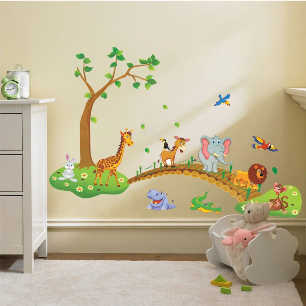 

Elephant Birds Flowers Wall Stickers for Kids Room 3D Cartoon Jungle Wild Animal Tree Bridge Lion Giraffe Living Home Decor