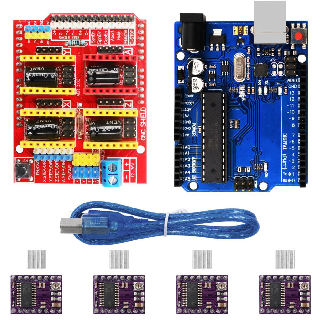 Плата с ЧПУ щит V3 + R3 плата 4 шт. Драйвер шагового двигателя DRV8825 радиатором для Arduino