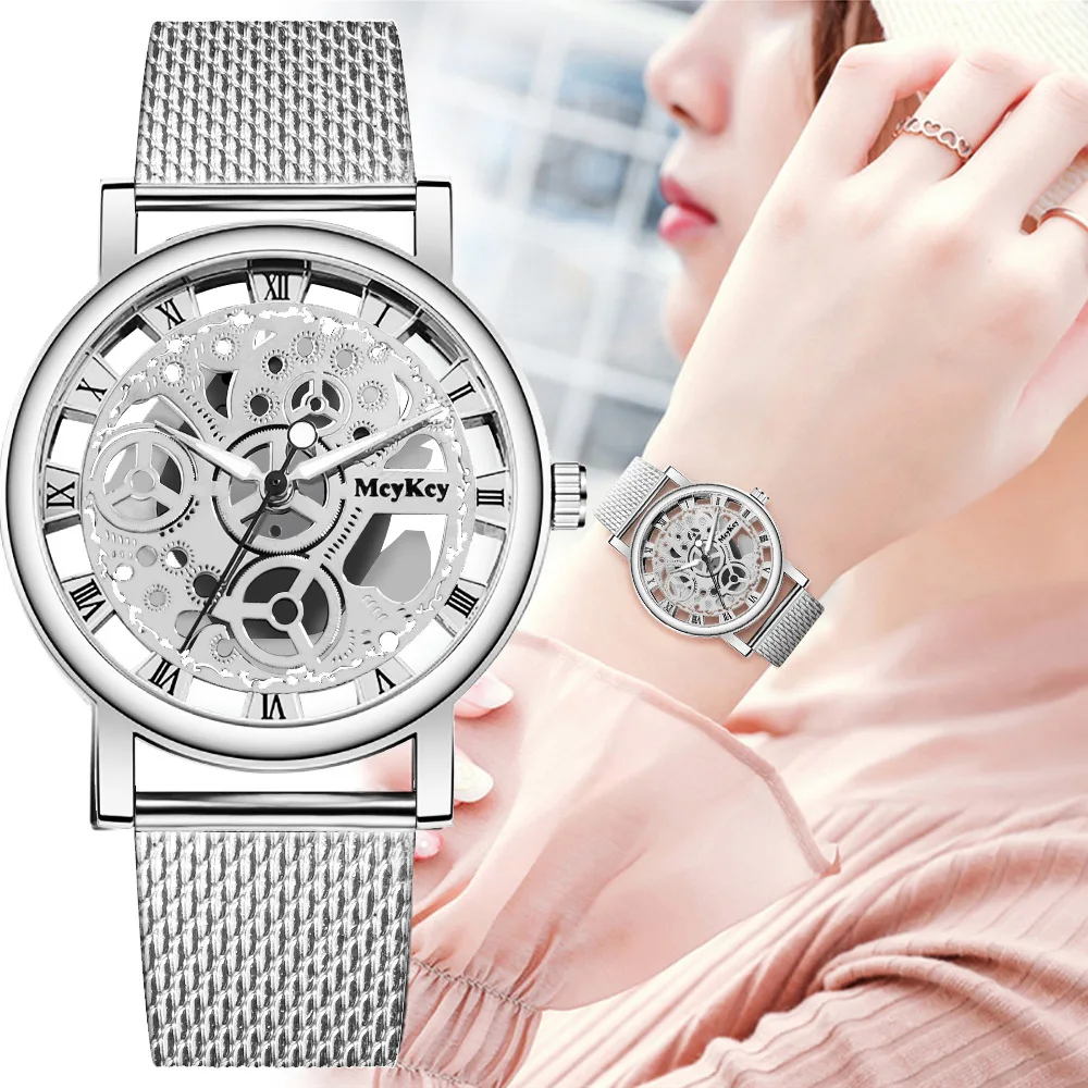 

Geneva Women Wrist Watch Silver Silicone Strap Gear Hollow Out Roman Digital Dial Ladies Quartz Wristwatches Montre Femme Reloj