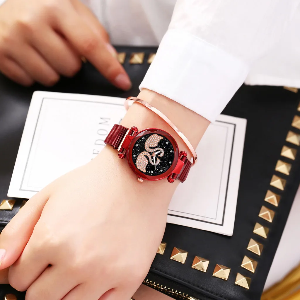 Женские кварцевые часы с магнитным магнитом камнями лебедем и бриллиантом