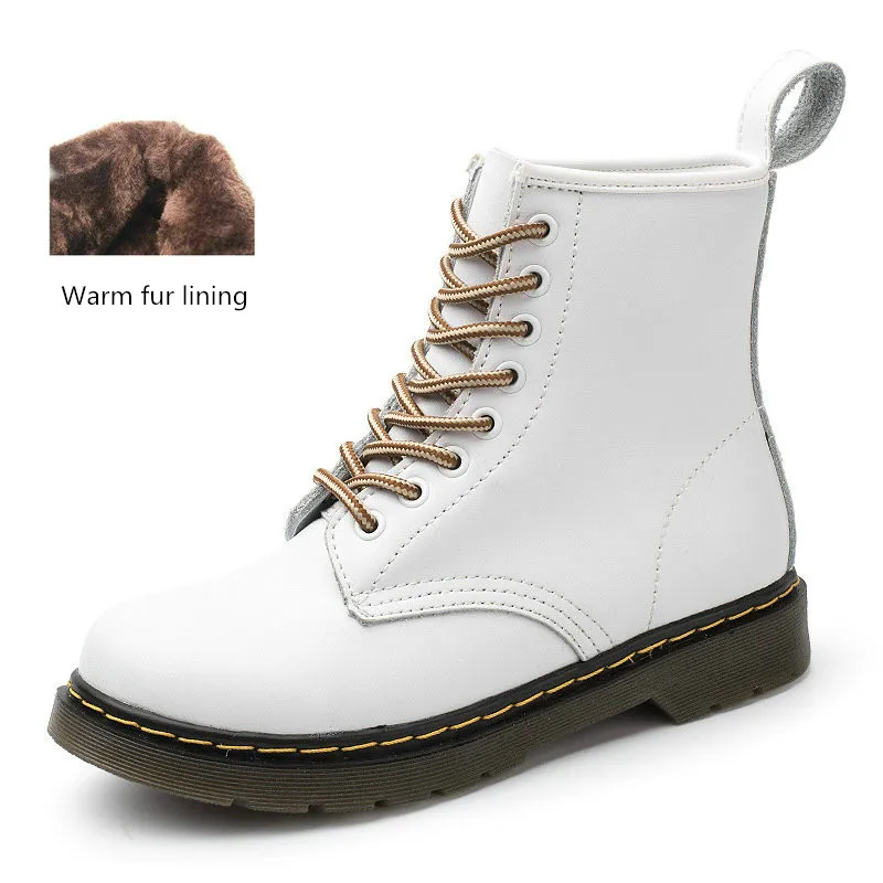 White -fur lining Женские ботинки из воловьей кожи наивысшего качества брендовые зимние ботинки теплая удобная женская обувь на меху пара обуви - Цвет: White -fur lining