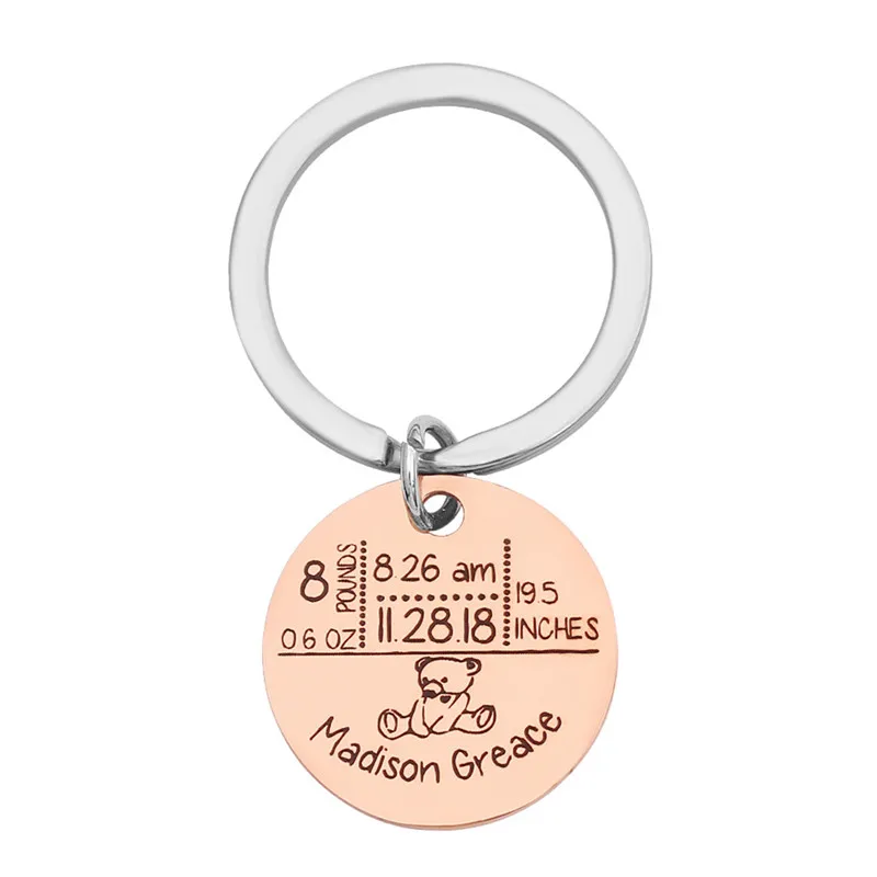 bear rose gold color Круглый детский брелок с именами, датой рождения, весом и ростом для новорожденных в честь Llavero Personalizado, брелок для ключей - Цвет: bear rose gold color