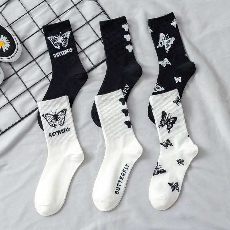 

High Quality Butterfly Socks Cotton Women Streetwear Harajuku Crew Fashion Kawaii Korean Style Cool Gift Dropship White Black