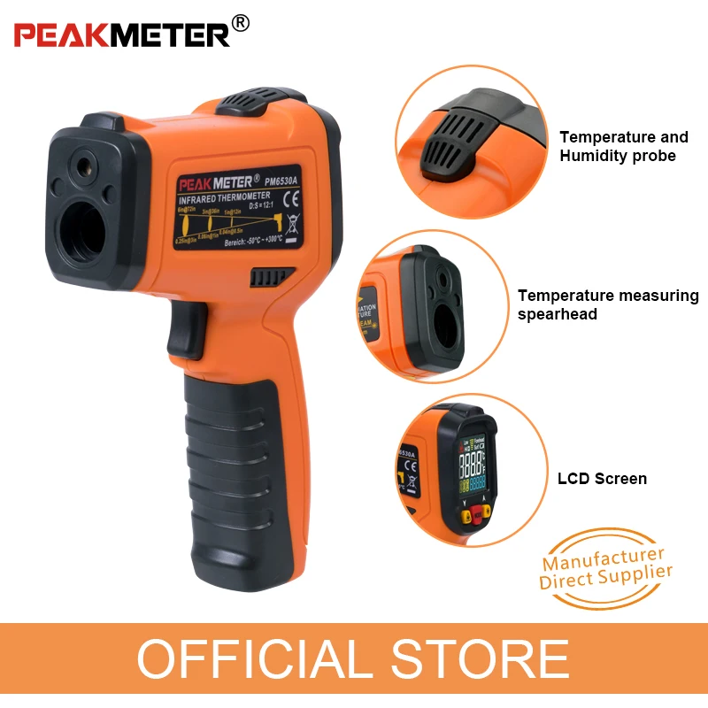 

Official PEAKMETER PM6530A Laser LCD Digital Thermometer Temperature Meter Gun infrared -50~300 C Degree Non-Contact Thermometer