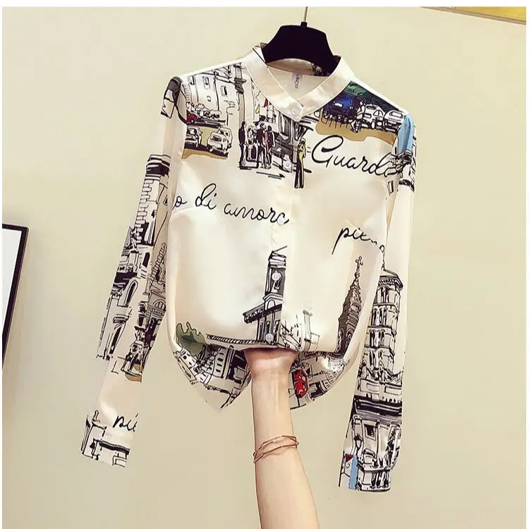 

Retro Hong Kong-style Printed Shirt Women's Chiffon Long-sleeved Shirt 2020 Early Autumn New Hong Kong Style Design Niche Shirt