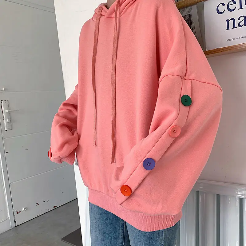 

With Hat Hoodies Pink Purplish Blue Plus Velvet Thicker Trendy Leisure Simple All-match Oversize Loose Solid Button Korean Style