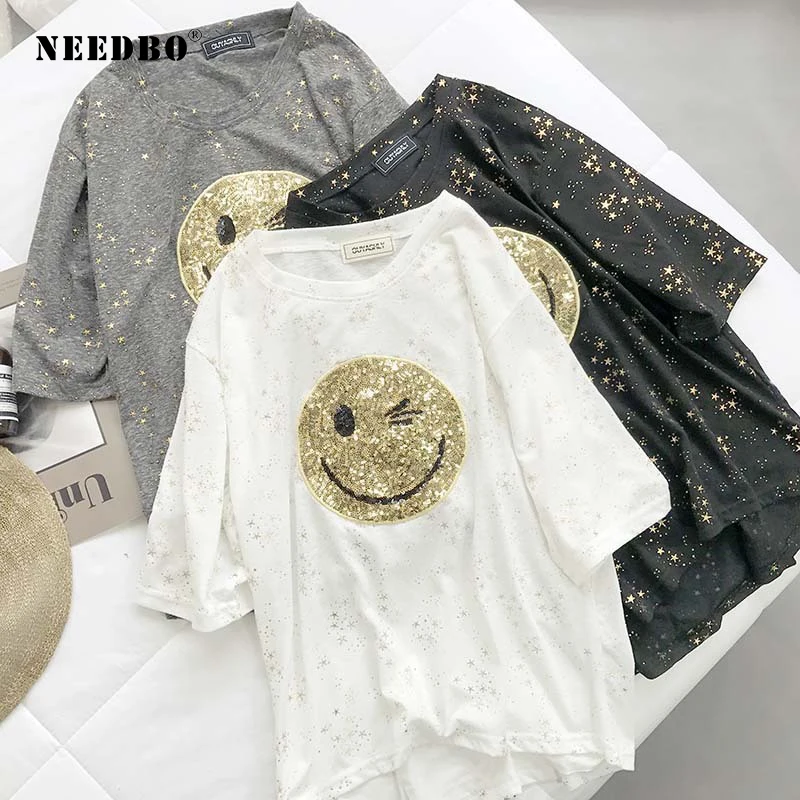 Женская футболка с круглым вырезом и блестками из полиэстера|Футболки| |