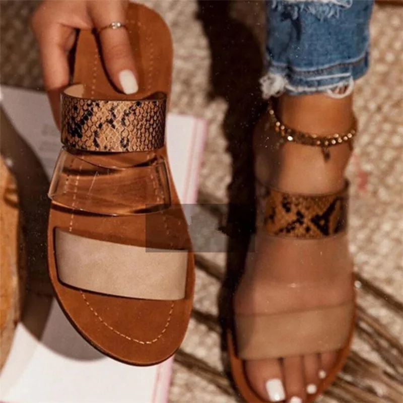 

Женские сандалии со змеиным принтом, пляжные шлепанцы на плоской подошве, двухслойные, для путешествий и прогулок, 2020