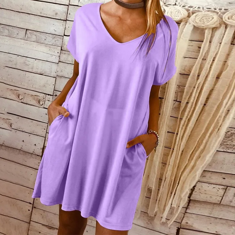 

2021 Summer Fashion New Comfortable Casual Round Neck Short Sleeve Large Size Pure Color Dress