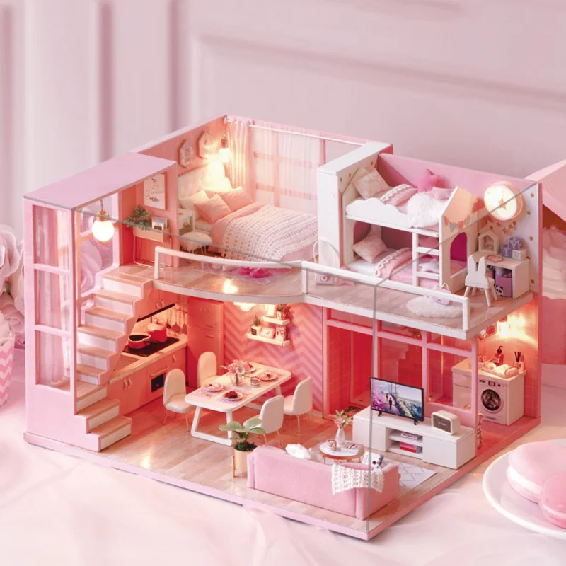 

PINK Princess girls Castle modern home DIY cottage wooden build miniature dollhouse kit roombox doll house toys for children