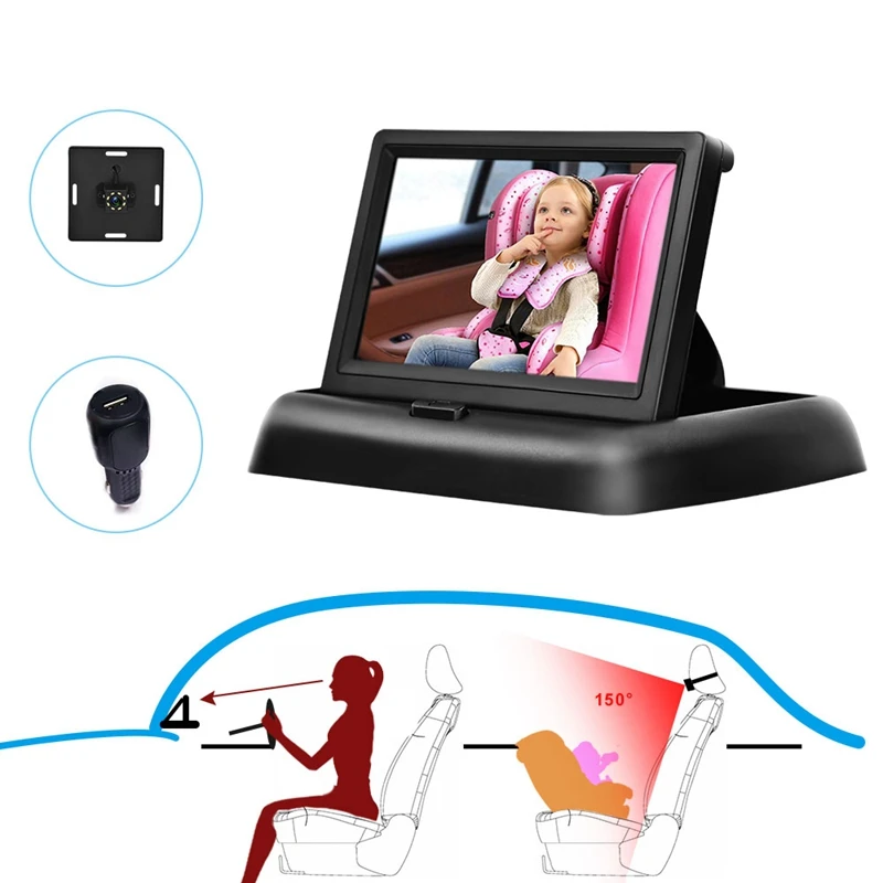 Beste Baby Auto Spiegel Met Nachtzicht 360 Verstelbare 4.3 Inch Hd Baby Display Achter Camera Autostoel Rear Facing Baby Monitor